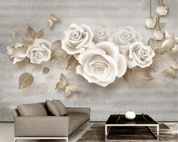 3D-Tapete an einer Wand, individuelles Foto-Wandbild, 3D-geprägte Rose, europäische Retro-Dekorationsmalerei, Seidentapete