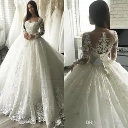 Kleider eleganter Spitzenballkleid Illusion Ausschnitt Langarm Hochzeitskleid Brautkleider reine Perlen -Applikationen Roben de Soire s