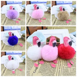 Cute Fluffy Pompom Flamingo Brelok Kobiety Faux Rabbit Fur Ball Pompon Breloczek Łańcuch Torba Samochodowa POM Pom Pomp Klucz Rey Ring Holder Party Prezenty Rra2829-5