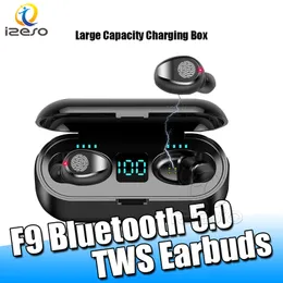 F9 TWS Earbuds Bluetooth Mini Känslighet Vattentät hörlurar Sport Gaming Business Headset med 2000MAH Laddare Box Retail Packaging Izeso