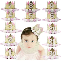 Children Kids Birthday Party Hats Baby Girl Priness Flower Number Crown Cap Party Decorations Kids Favors Headband Baby shower