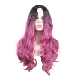 WoodFestival dark roots blue ombre wig pink long synthetic wigs for women heat resistant wavy cosplay hair