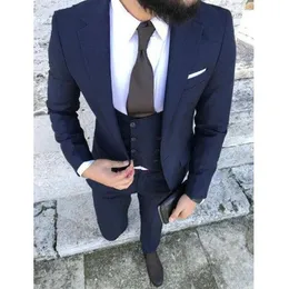 Przystojny przycisk One Button Navy Blue Groom Tuxedos Notch Lapel Mężczyźni Garnitury 3 Sztuk Wedding / Prom / Dinner Blazer (Kurtka + Spodnie + Kamizelka + Krawat) W645
