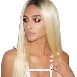 Hot Selling 180% densitet Glueless Blonde Long Silkesy Straight Wigs Baby Hair Synthetic Ombre Blonde Spets Front Wigs For Women Heat Resistant