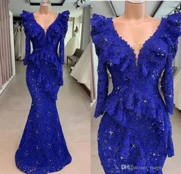 Gorgeous royal blue Mermaid prom dresses V Neck Long Sleeve Elegant Evening Formal Dresses Sweep Train Celebrity Party Dress