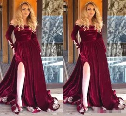 2019 Off Shoulder Bury Prom Dresses Veet Sexig sidoslits Applique Long Sleeves Pageant Ball Gown Evening Formal Wear Plus Size