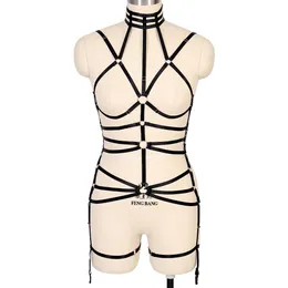 Black Harness Belt Set Strap Top Punk Gothic Lingerie Plus Size Elastic Bra Garter Belt Body Cage Festival Night Woman Suspender
