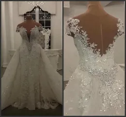 Brillanti abiti da sposa a sirena di lusso con strascico staccabile, paillettes, cristalli, applicazioni di perline, abito da sposa, abito da sposa