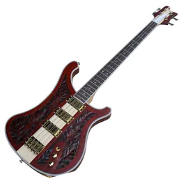 Wzór CNC Grawerowanie Neck-Thru-Body Red Electric Bass Gitara z 3 pickups, złoty sprzęt, może być dostosowany