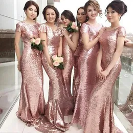 2020 Fashion Rose Pink Sequins Bridesmaids Dresses Sheath Long Short Sleeve Scoop Maid of Honor Bridesmaid Wedding Guest Dress Party Evening