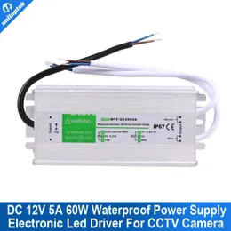 Freeshipping Waterproof Electronic LED-drivrutin 12V POWER CCTV Supply Adapter 110V-240V till 12V 60W 5A