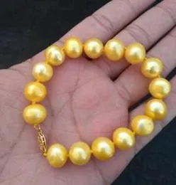 Large8'' 11-12MM Genuine South Sea gold pearl bracelet gold brooch