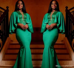 Sarar Uzun Kollu Derin V Yaka payetli Balo Resmi elbise Akşam Dubai Yeşil Afrika Mermaid Abiye Modelleri Robe Wear