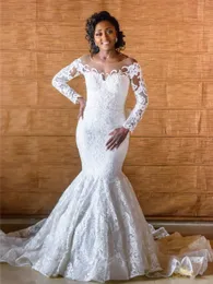 Abito da sposa alla sirena a maniche lunghe africane vintage con treno staccabile di lusso di pizzo di pizzo plus size abito da sposa