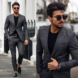 2020 Dark Grey Stripe Męskie Garnitury Blazer Wedding Suit Slim Fit 2 Sztukami Groom Tuxedos Best Mens Prom Garnitury (Kurtka + Spodnie) Wykonane zamówienia