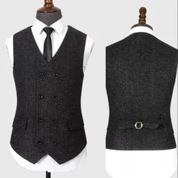 Bristish Wedding Gray Wool HerringboneTweed Vests Custom Made Groom Vest Mens Suit Vest Prom Wedding Waistcoat Slim Fit In Stock