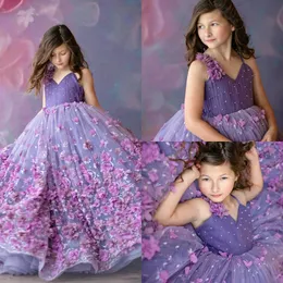 Hot Sell Pageant Gowns Spaghetti Strap Sleeveless Hand Made Flower Lace Flower Girl Dress Ruched Tulle Sweep Train Custom Made Birthday Gown