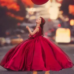 Abiti da ragazza di fiore da principessa con ballo rosso per matrimoni Abiti da cerimonia per bambini Abiti da spettacolo di moda Abito in raso Abiti da prima