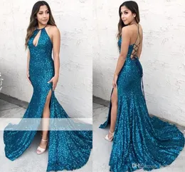 Sexy Ocean Blue Mermaid Evening Dresses Halter Neck High Side Split Criss Cross Backless Sequined Prom Gowns Elegant Formal Evening Dresses