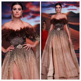 2020 Arabisch Aso Ebi Gold Luxuriöse glitzernde Abendkleider Pailletten Perlen Feder Ballkleider High Split Formal Party Zweites Empfangskleid