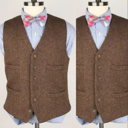 New Brown Groom Vest 2019 Big herringbone Spring Slim Fit Wool Men Vest Wedding Groomsmen Waistcoat Custom Made