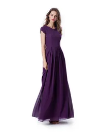 Фиолетовый шифон A-Line длинные скромные платья подружки невесты с крышкой рукава V шеи простые летние скромные платья невесты
