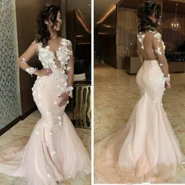 2022 Sexy Mermaid Prom Dresses Sheer Neck Lace 3D Appliques Beaded Long Sleeves Sweep Train Backless Evening Party Wear Pageant Gowns