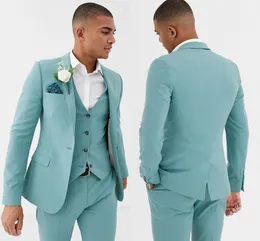 Mint Green Mens Suits Slim Fit 3 sztuki Tuxedos Wedding Beach Groomsmen dla mężczyzn Peaked Lapel Formal Call (kurtka+spodnie+kamizelka)