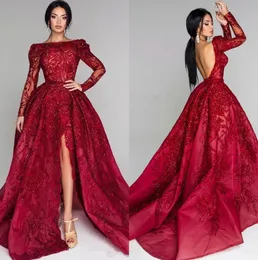 Sparkly Long Sleeves Sequins Lace Prom Klänningar Backless Sweep Train Evening Party Red Carpet Gowns Plus Size Vestidos de Fiesta BC0652