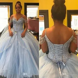 Cheap Vintage Blue Ball Gown Quinceanera Dresses Off Shoulder Crystal Beaded Puffy Tulle Plus Size Sweet 16 Formal Party Prom Evening Gowns