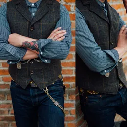 Mode plaid brudgummen västar 2019 notched lapel singel breasted med kedjor bröllop waistcoat casual slim fit ull prom män väst