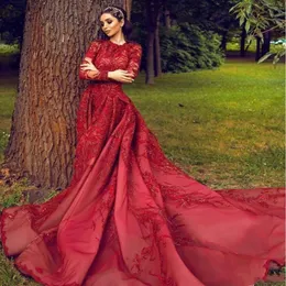 2020 Modest Arabic Red Evening Dresses A Line High Neck Long Sleeve 3D Flora Appliques Sequins With Long Train Party Gowns Custom Made