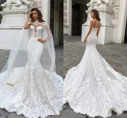 Dubai Arabo New Mermaid Abiti da sposa Collo alto gioiello Bottone Corte dei treni Abiti da sposa Abito da sposa Vestidos De Noiva Abito formale