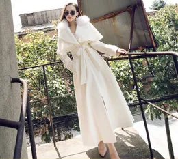 Women's fashion new real fox fur big collar luxury long sleeve slim waist white color woolen maxi long abrigos coat casacos SMLXLXXL