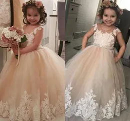 Champgne Koronki Tulle Kwiat Girl Dresses 2021 Klejnot Neck Cap Sleeve Puffy Little Girl Party First Communion Pagew Ball Suknie Al4498