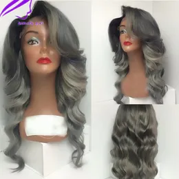 Fashion Body Wave Lace Front Synthetic Wigs For Women Ombre grey 13x4 Lace Wigs Plucked With side bangs Brazilian hair