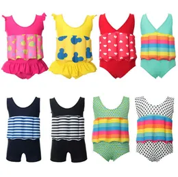 Children Striped Dot print Swimwear 2019 summer Floating Bathing Suit Bikini cartoon Kids One Pieces Swimsuit with buoyancy 4 colors C6402