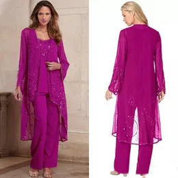 Plus Size Fuchsia Mãe da Noiva Pant Terno Três Peças Chiffon Mãe Formal Vestuário Frisado Especial Ocasião Mães Pantsuit com jaqueta