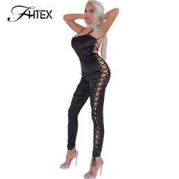 Fhtex Women Sexy Low Cut Spaghetti Strap Lace Up Hollow Out Club Party Jumpsuit Rompers 2017 Backless Satin Slim Casual Catsuit Y19051501