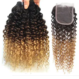 Ombre Human Bundles with Closure 1B/ 4 27 Kinky Curly Bundles Brazilian Human Hair 3 Bunldles with 4*4 Lace Closure Blonde Hair Extensions