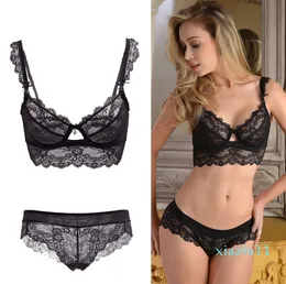 Fashion-wholesale-women's Sexy Ultra-thin Lace Brief Sets Plus Size Brassiere Push Up Bra and Panties Female Underwear Set