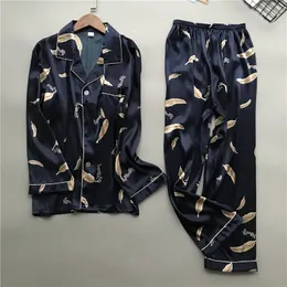 Daeyard 2019 Nuovi Uomini Pigiama di Seta Set Camicia A Maniche Lunghe E Pantaloni Due Pezzi Pigiama Degli Indumenti Da Notte Stampa Plus Size Vestiti A Casa L-3XL