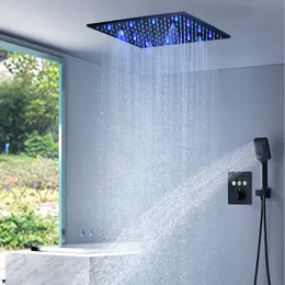 LED Multi-Functional Lights Matte Black Thermostatic Badrum Kranar för bad med regnduschhuvudmassage Spray Jets