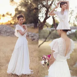 Modest Beach Boho Hippie Wedding Dresses V Neck A Line Cap Sleeves Bride Gowns Vestidos De Novia Pregnant Wedding Gowns