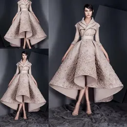 Ashi Studio 2020 Ny design Aftonklänningar Lace Appliques Långärmade Satin Ruched Prom Klänningar Hög Låg Formell Party Gowns Custom Made