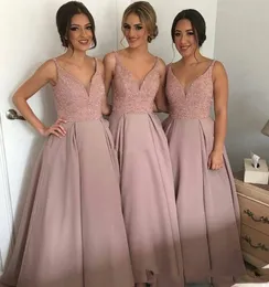 Elegante v-hals bruidsmeisje jurken 2019 mouwloze pailletten kralen bruiloft gasten jurken met zakken landstijl vestidos