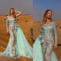 Elegant Evening Dresses One-Shoulder Long Sleeves Lace Appliques Prom Gowns 2020 Custom Made Detachable Train Special Occasion Dress