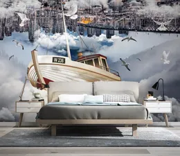 ヨットの雲空3Dの壁紙壁画のリビングルームの寝室のソファーTVの背景ハイエンドの素材HDパターン印刷効果壁紙ホーム壁の分配