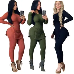 Mulher Moda Slim Terno Duas peças Coloque Top Split Top+Calças Casual Sexy Tracksuit Roupos