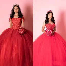 2020 Red Beaded Ball Gown Quinceanera Dresses Sweetheart Off Shoulder Sweet 16 Dress 3D Flowers Beading Masquerade Gowns